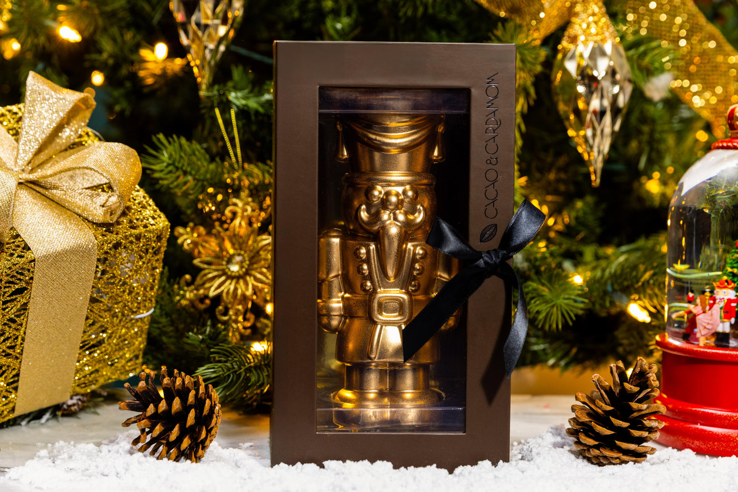 Front view of the Dark Chocolate Gourmet Nutcracker showcasing handcrafted dark chocolate details.