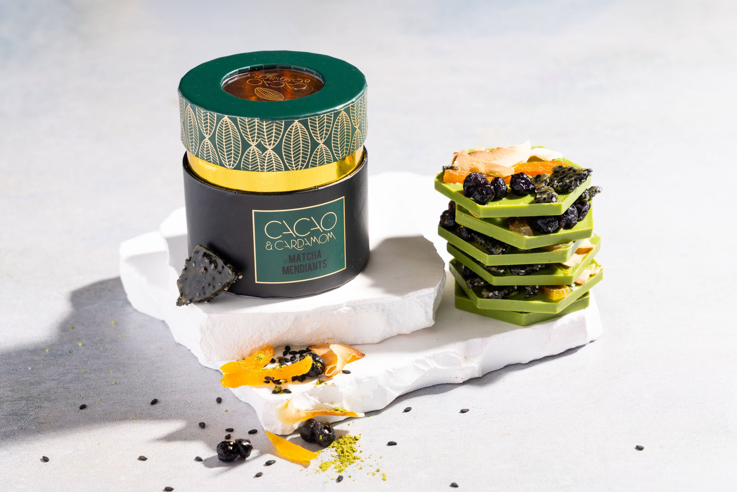 Close-up of Matcha Mendiants showcasing premium matcha artisan chocolate.