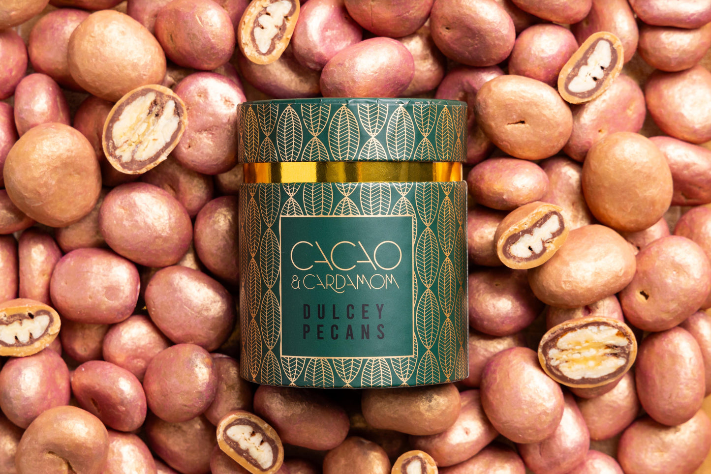 Pecan Dulcey Dragees beautifully presented for gourmet gifting.