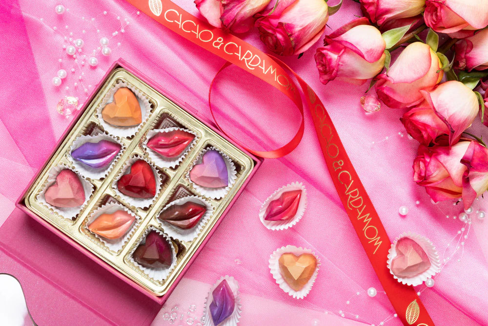 A customizable chocolate gift box with various heart-shaped chocolates