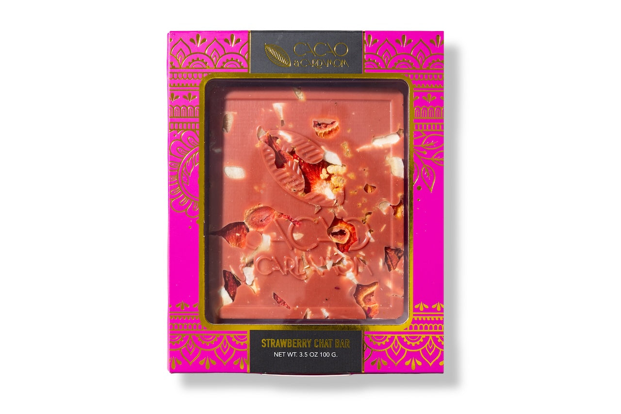 Strawberry Chat Masala artisan chocolate bar packaging by Cacao & Cardamom.