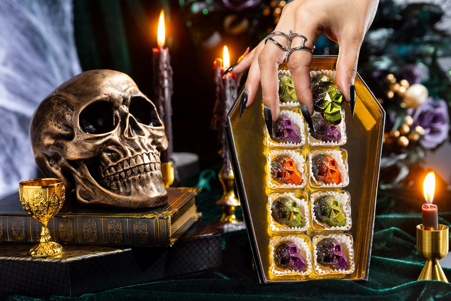 Coffin-shaped box with skull shaped chocolates 