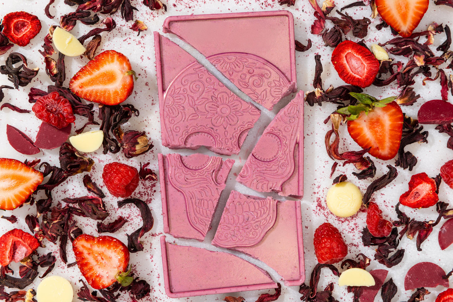 Close-up of the Berry Hibiscus artisan chocolate bar showcasing handcrafted premium chocolate.