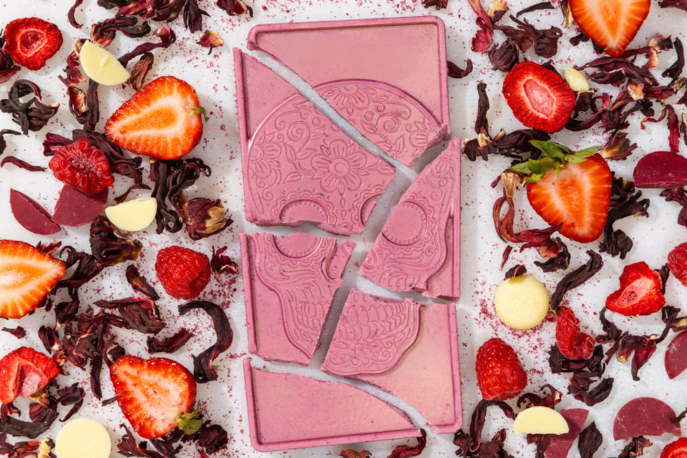 Close-up of the Berry Hibiscus artisan chocolate bar showcasing handcrafted premium chocolate.