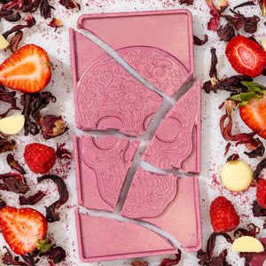 Close-up of the Berry Hibiscus artisan chocolate bar showcasing handcrafted premium chocolate.