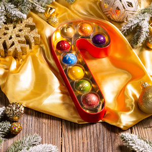 Candy Cane Confections 8-piece featuring handcrafted artisan chocolates inspired by festive candy cane flavors by Cacao & Cardamom.