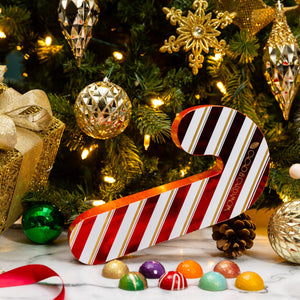 Close-up of handcrafted chocolates from the Candy Cane Confections 8-piece collection.