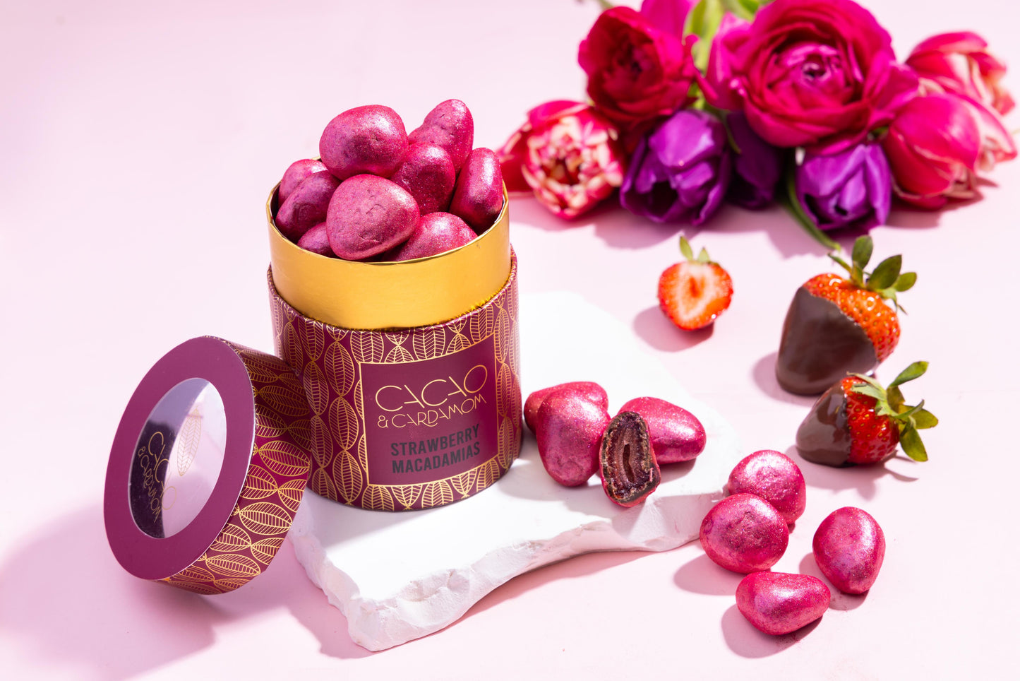A selection of dark chocolate covered dried strawberries 