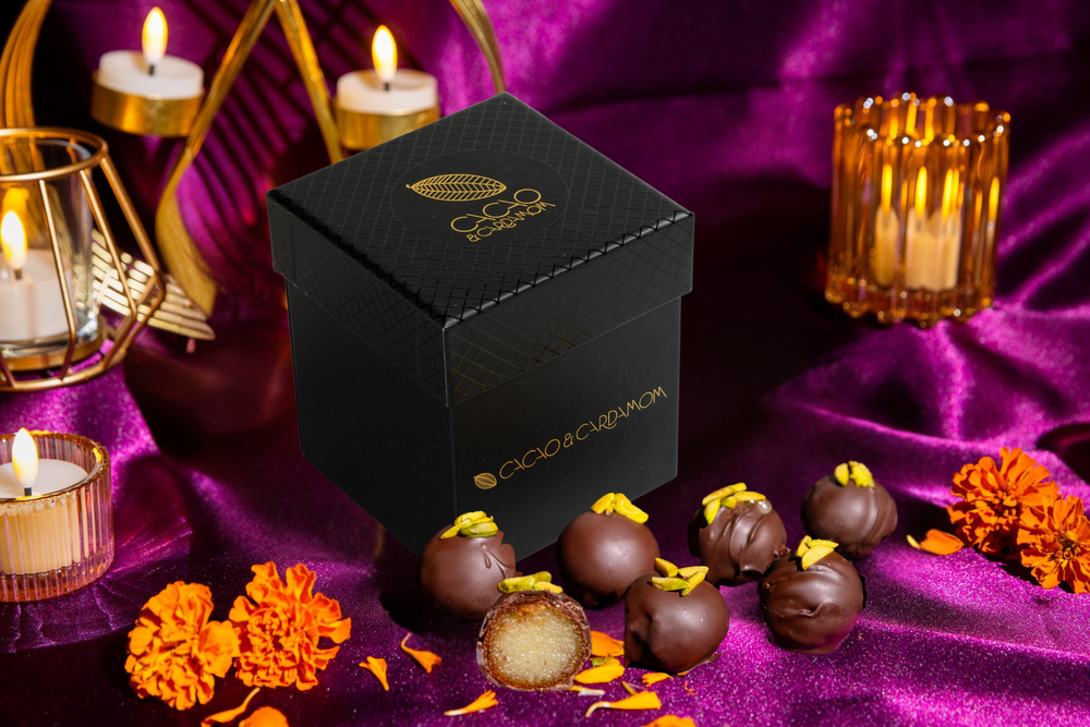 Chocolate Covered Gulab Jamun 12-piece gift box featuring handcrafted artisan chocolates inspired by the classic Indian dessert.