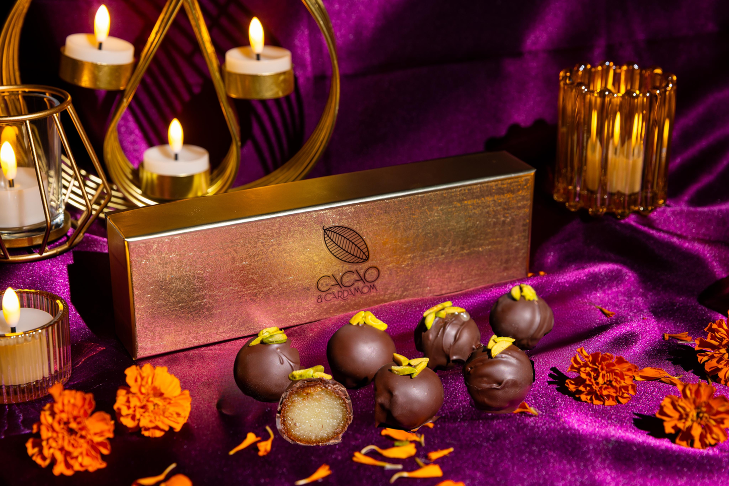 Chocolate Covered Gulab Jamun 5-piece gift box featuring handcrafted artisan chocolates inspired by the classic Indian dessert.