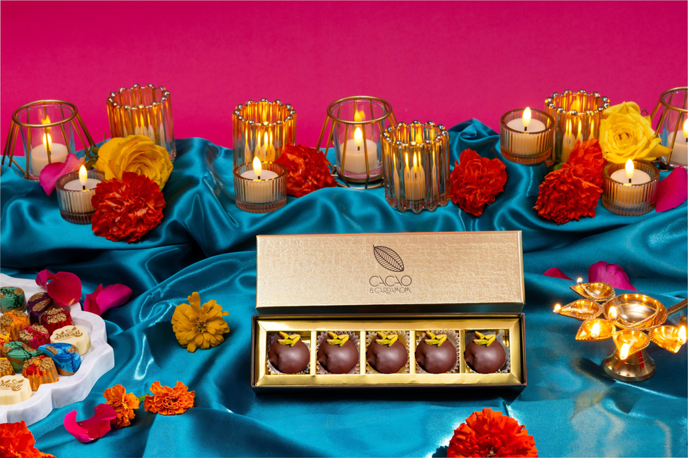 Open Chocolate Covered Gulab Jamun 5-piece gift box displaying handcrafted artisan chocolates.