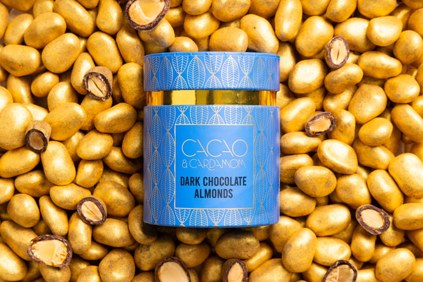 Premium Dark Chocolate Almond dragees gift packaging by Cacao & Cardamom.