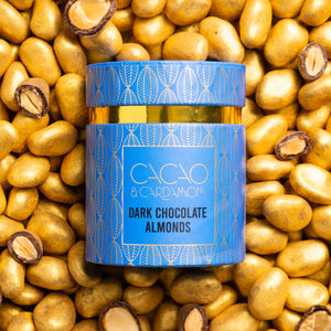 Premium Dark Chocolate Almond dragees gift packaging by Cacao & Cardamom.
