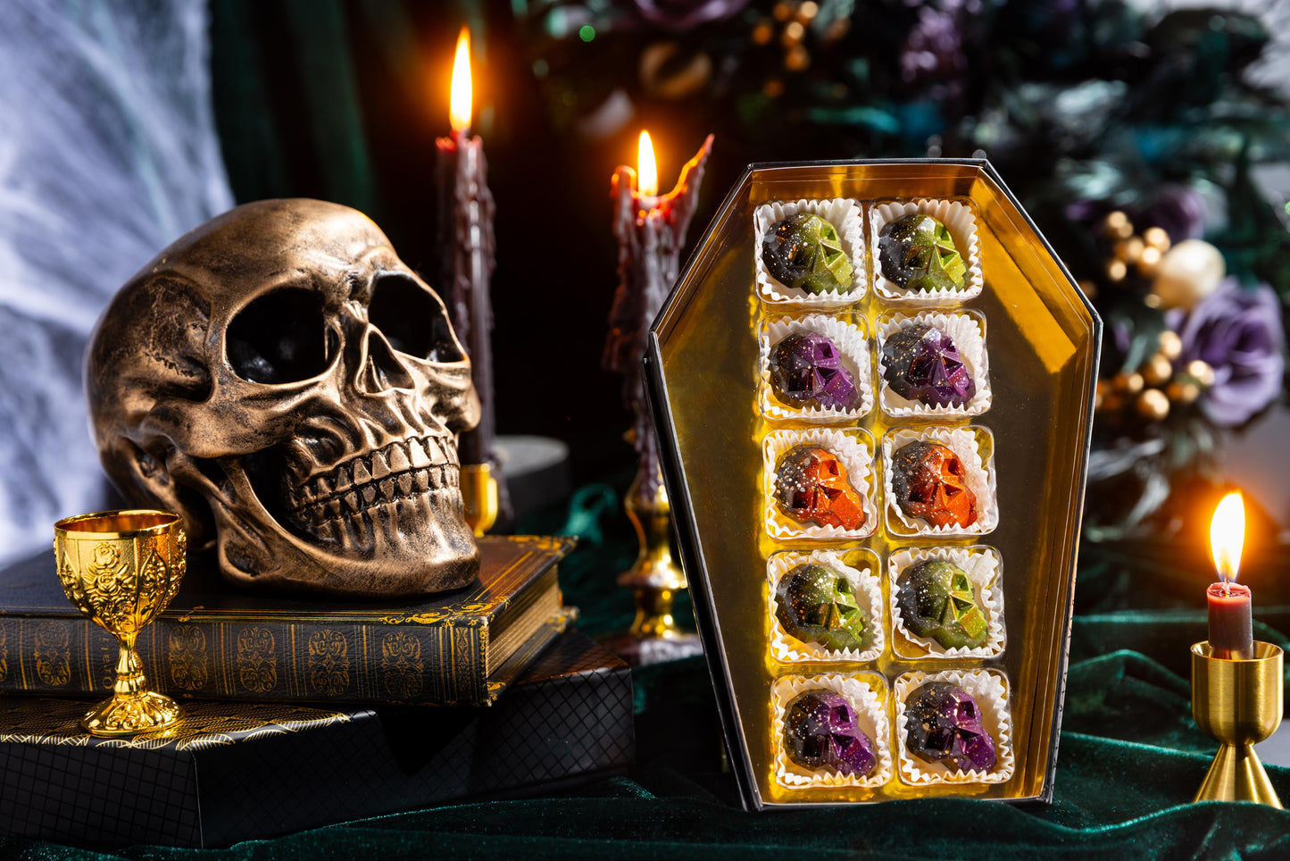 Close-up of handcrafted chocolates from the Death by Chocolate Coffin Box 10-piece collection.
