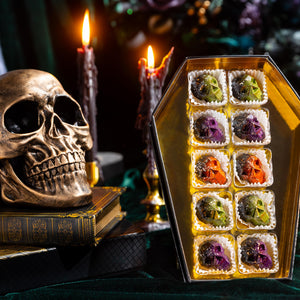 Close-up of handcrafted chocolates from the Death by Chocolate Coffin Box 10-piece collection.