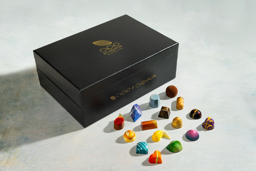 Deluxe Chocolate Gift Box featuring an assortment of handcrafted luxury artisan chocolates by Cacao & Cardamom.