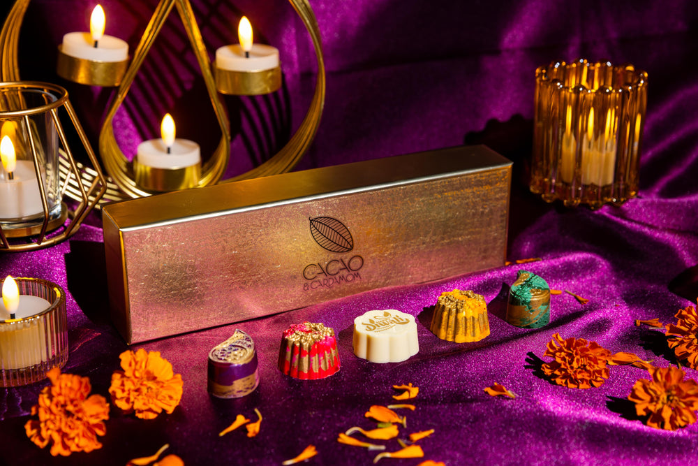 Diwali Party Favor 5-piece luxury artisan chocolate gift box for festive celebrations.