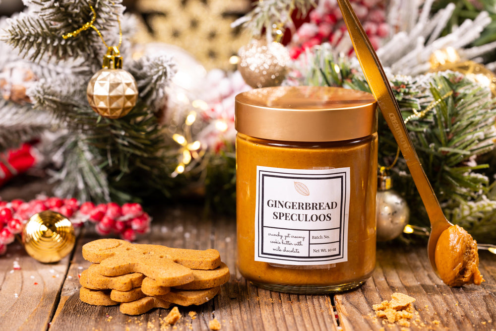 Gingerbread Speculoos Spread crafted with premium chocolate and festive speculoos cookie flavors by Cacao & Cardamom.