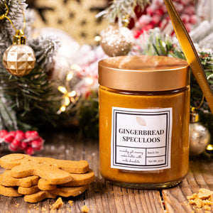 Gingerbread Speculoos Spread crafted with premium chocolate and festive speculoos cookie flavors by Cacao & Cardamom.