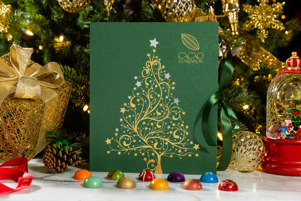 Open Holiday Chocolate Gourmet Gift Box 16-piece displaying handcrafted gourmet chocolates.