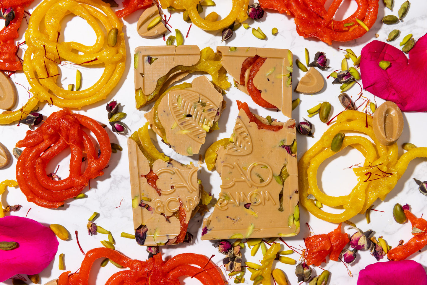 Jalebi chocolate bar with safforn pistachios and rose petals
