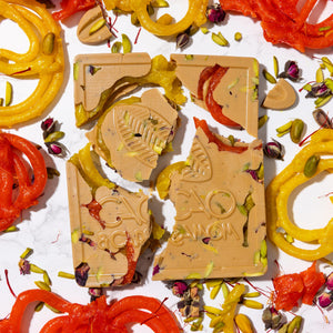 Jalebi chocolate bar with safforn pistachios and rose petals
