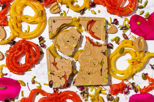 Jalebi chocolate bar with safforn pistachios and rose petals