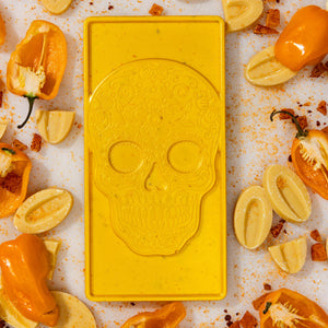 Close-up of the Mango Habanero artisan chocolate bar showcasing premium handcrafted chocolate.