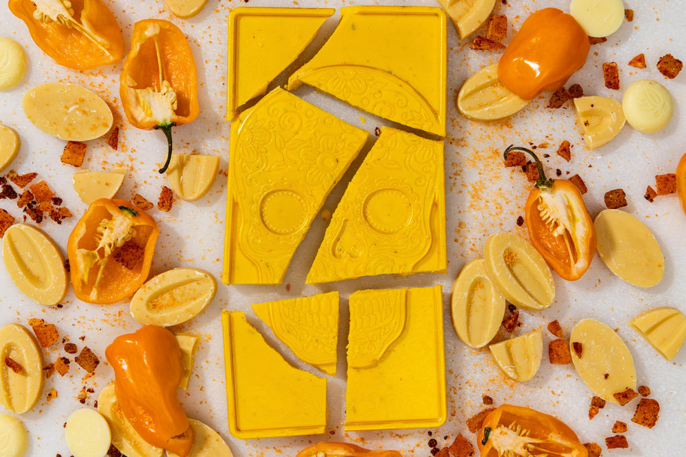 Unwrapped Mango Habanero artisan chocolate bar displaying handcrafted gourmet chocolate.