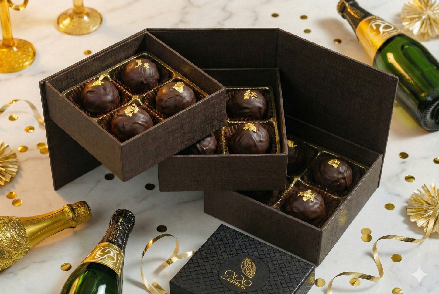 New Year's Champagne Truffles 12-piece luxury gift box featuring handcrafted champagne-infused artisan chocolates by Cacao & Cardamom.