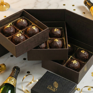 New Year's Champagne Truffles 12-piece luxury gift box featuring handcrafted champagne-infused artisan chocolates by Cacao & Cardamom.