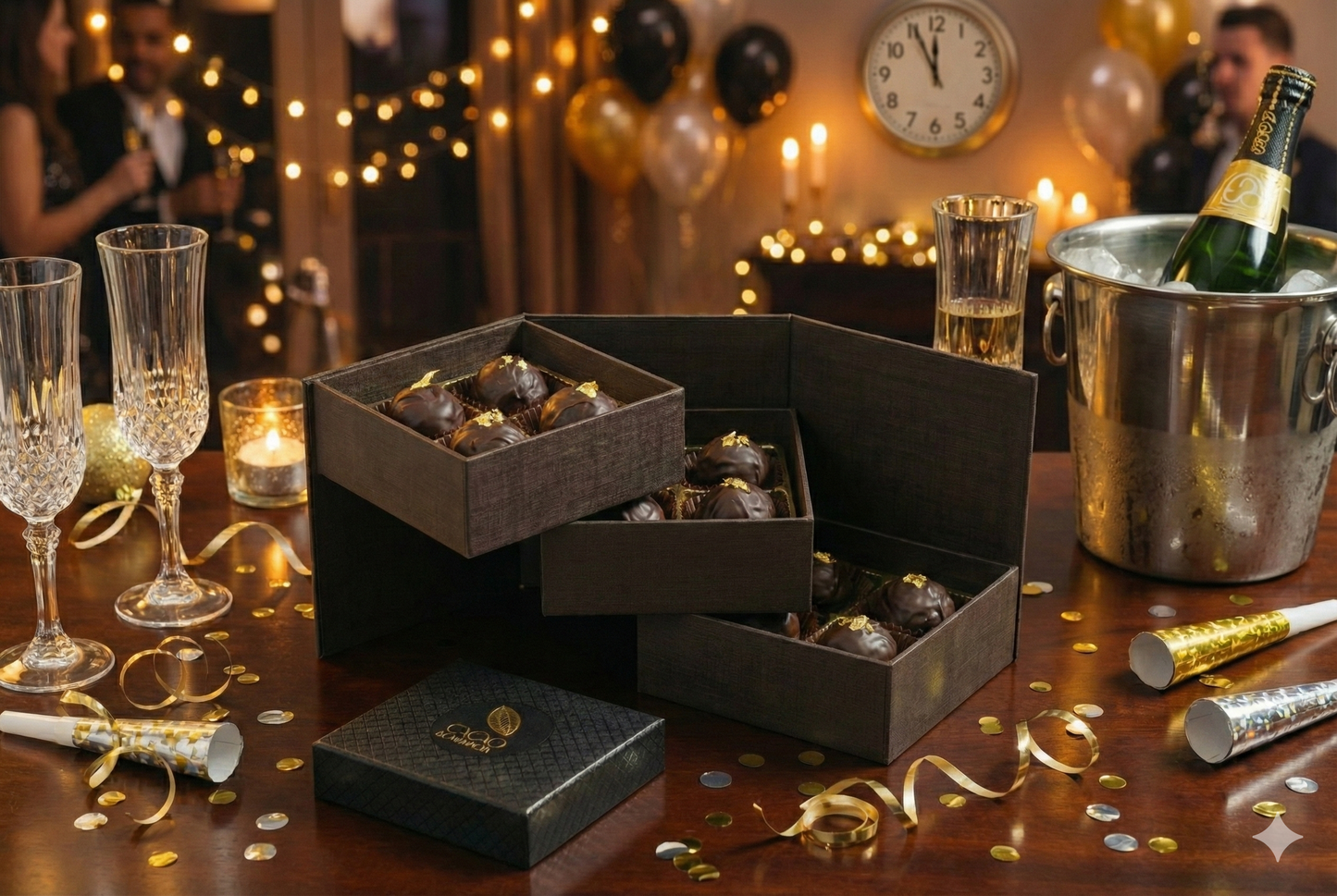 Close-up of handcrafted New Year's Champagne Truffles with elegant chocolate details.
