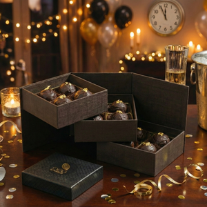 Close-up of handcrafted New Year's Champagne Truffles with elegant chocolate details.