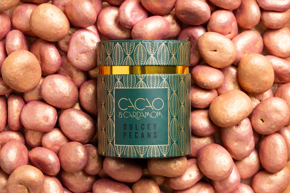 Premium Pecan Dulcey Dragees packaging by Cacao & Cardamom.