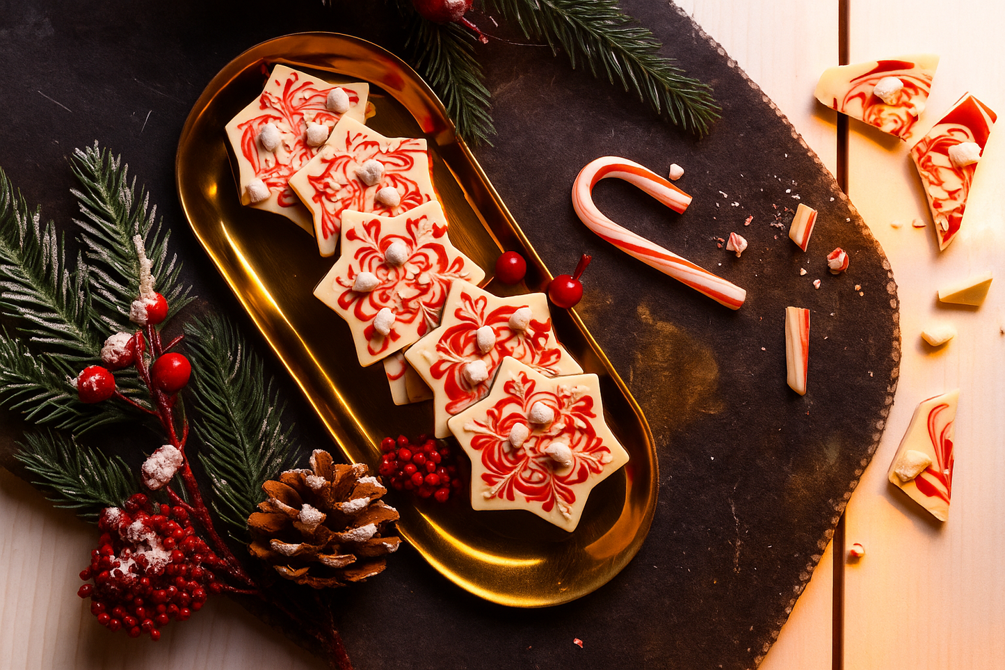 Peppermint Snowflake Mendiant displayed outside the gift box showcasing handcrafted artisan chocolate.