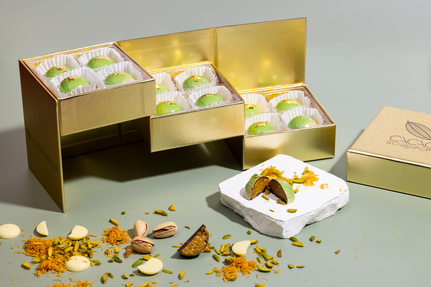 Gold gift box with green Pistachio kanfeh chocolate box 