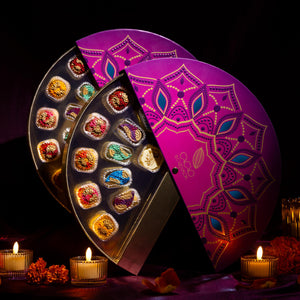 Decorative chocolate box with mithai inspired chocolates for diwali