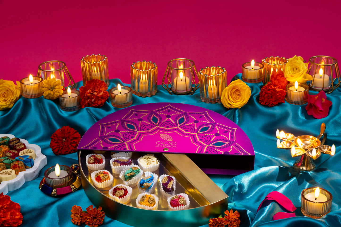 Close-up of handcrafted chocolates from the Rangoli Gift Box 14-piece collection.