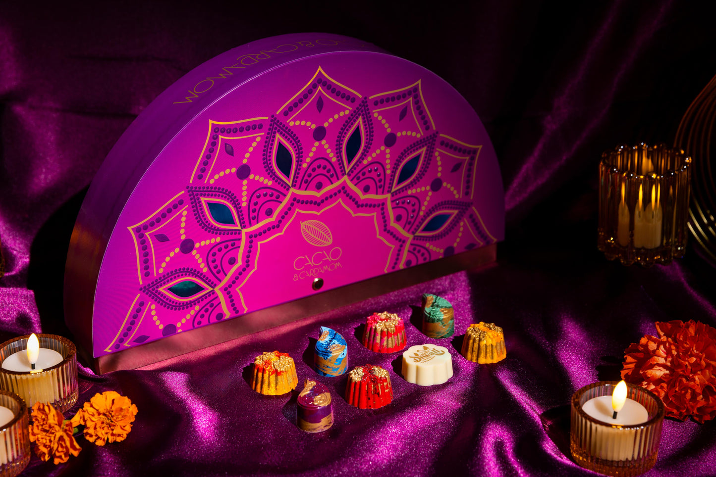 Rangoli Gift Box 14-piece artisan chocolate assortment elegantly arranged for Diwali gifting and festive celebrations.