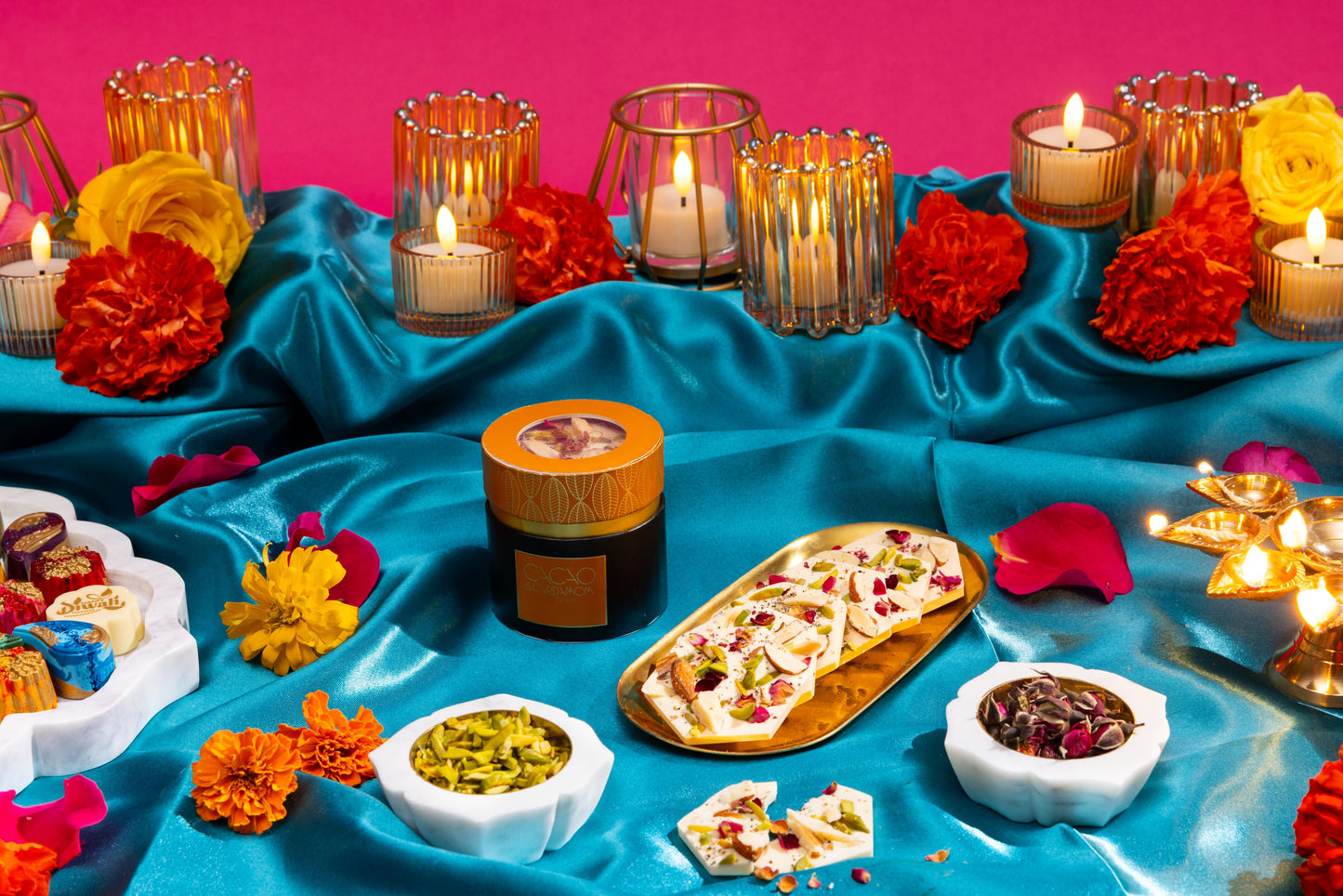 Rasmalai-inspired artisan chocolate mendiants topped with festive flavors inspired by the traditional Indian dessert.