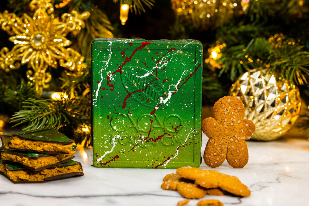 Close-up of the Santa's Milk & Cookies Artisan Bar showcasing handcrafted premium chocolate.