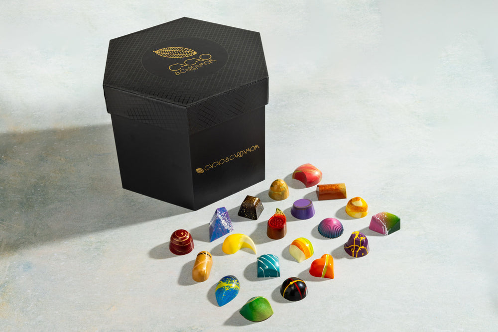 Signature Chocolate Tasting Gift Set 36-piece featuring a curated assortment of handcrafted artisan chocolates by Cacao & Cardamom.