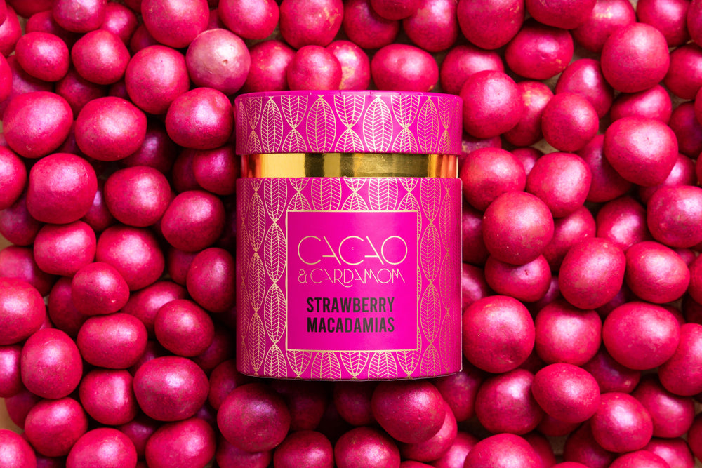 Premium Strawberry Macadamia dragees gift packaging by Cacao & Cardamom.