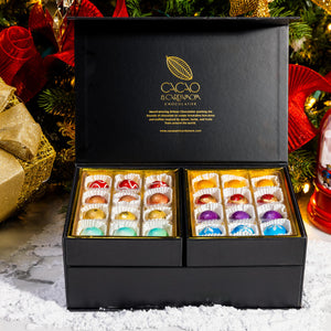 The Holiday Treasure Box 48-piece featuring handcrafted artisan chocolates in a luxury Christmas gift box by Cacao & Cardamom.