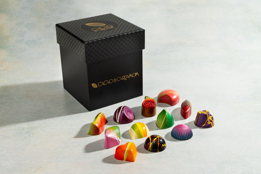 Three Tier Dozen Signature Collection 12-piece featuring handcrafted artisan chocolates in a premium luxury gift box by Cacao & Cardamom.