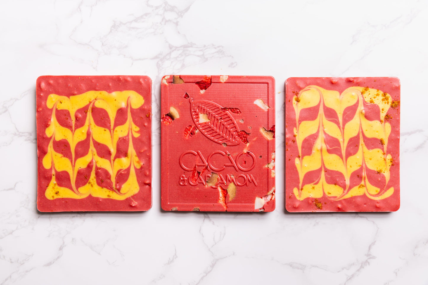 Close-up of the Strawberry Chat Masala artisan chocolate bar with premium ingredients.