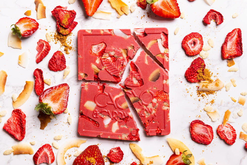 Unwrapped Strawberry Chat Masala artisan chocolate bar displaying handcrafted chocolate.